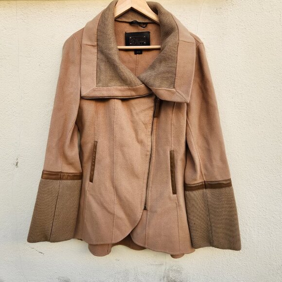 Mackage Camel Brown Tessa Wool Coat Leather Trim - Picture 2 of 11